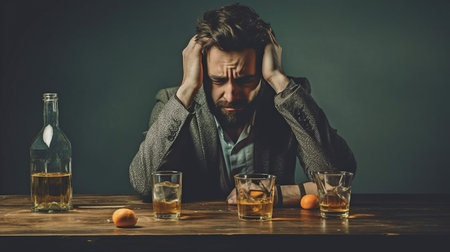 experiencing a hangover. Man at a table with an alcoholic beverage against a grey backdrop The Generative AIの素材