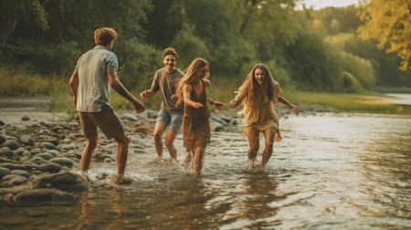 Full-length image of people enjoying themselves at the river with a jovial young man pulling a female into the water, Generative AIの素材
