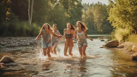 Full-length image of people enjoying themselves at the river with a jovial young man pulling a female into the water, Generative AIの素材