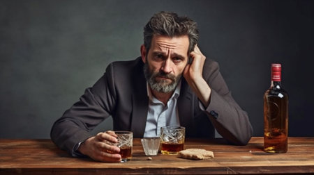 experiencing a hangover. Man at a table with an alcoholic beverage against a grey backdrop The Generative AIの素材