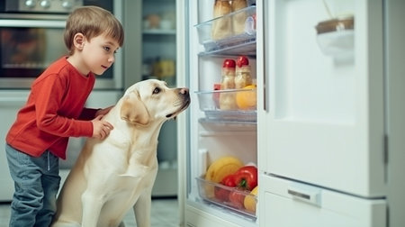 Generative AI shows a little child and an adorable Labrador Retriever searching for food in their refrigerator at home.の素材