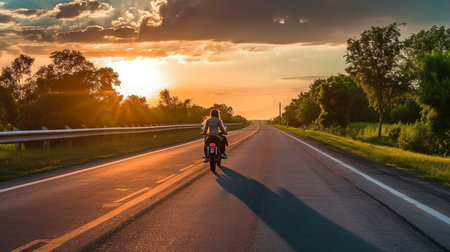 Bikers travelling down a route in the setting light while using Generative AIの素材