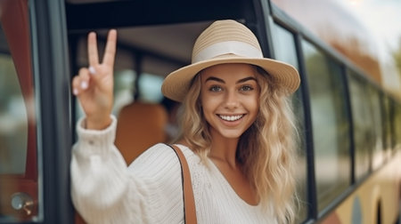 While on vacation, a cheerful female tourist waved at the bus. Generative AIの素材