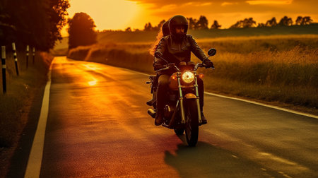 Bikers travelling down a route in the setting light while using Generative AIの素材