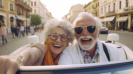 Generative AI and a happy senior couple driving a brand-new convertibleの素材
