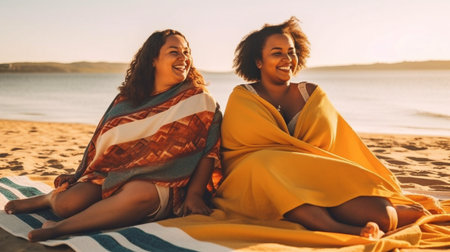 Generative AI, two plus-size women having a good time at the beachの素材