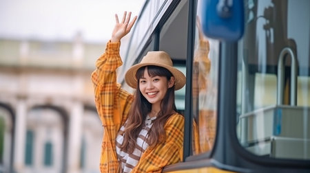 While on vacation, a cheerful female tourist waved at the bus. Generative AIの素材