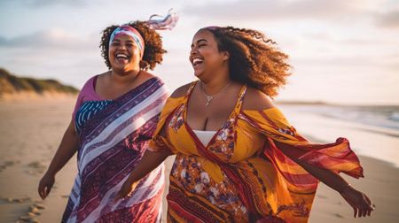 Generative AI, two plus-size women having a good time at the beachの素材