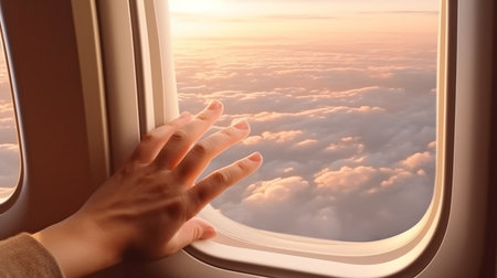 travelling by air. Window curtains being pulled down or up by hand while in flight, Generative AIの素材