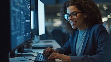 Generative AI is being used by a Caucasian lady working as an IT engineer to complete a significant paper or project.の素材