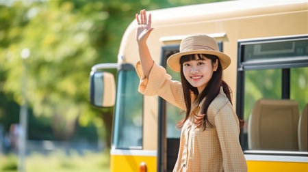While on vacation, a cheerful female tourist waved at the bus. Generative AIの素材