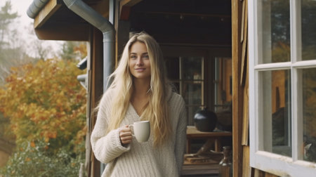 Pretty blonde long-haired woman, Generative AI, standing outside the cabin with a coffee cupの素材