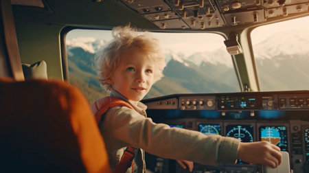 Generative AI, Little Boy Playing With Toy Plane In Commercial Jetの素材