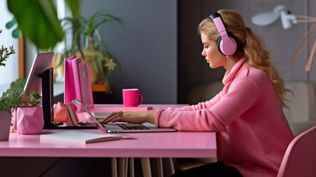 Generative AI produces a realistic image of a woman using a computer in an office setting with pink and black accessories.の素材