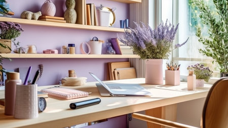 Generative AI in the background of a home office with lilac accentsの素材
