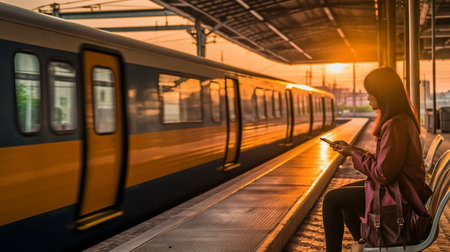Woman passenger uses smartphone while waiting for train to depart from railway station. Generative AIの素材