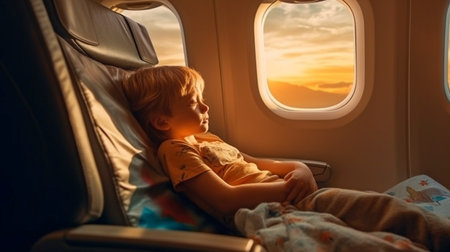 Generative AI, Little Boy Playing With Toy Plane In Commercial Jetの素材
