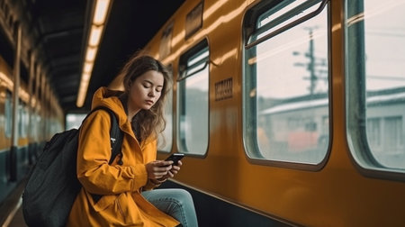 Woman passenger uses smartphone while waiting for train to depart from railway station. Generative AIの素材