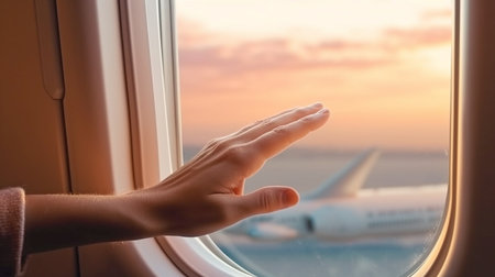 travelling by air. Window curtains being pulled down or up by hand while in flight, Generative AIの素材