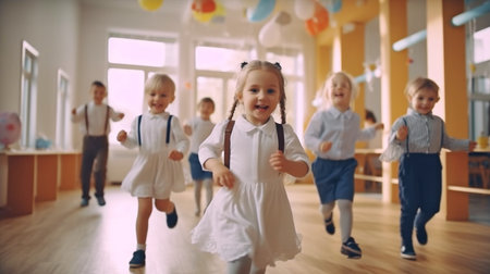 In a kindergarten indoor preschool, a bunch of amused children are having fun. Generative AIの素材