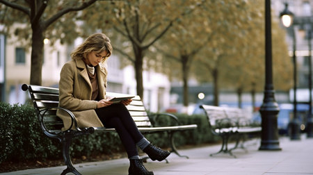 Generative AI is being used by a woman on a bench in the street.の素材
