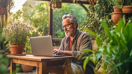 Generative AI, a mature guy working outside in a garden, and a home office conceptの素材