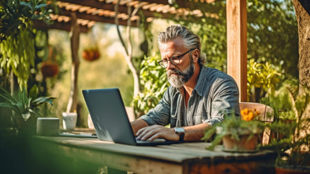 Generative AI, a mature guy working outside in a garden, and a home office conceptの素材