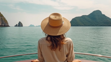 Back view of a young woman with a straw hat lounging on a boat and gazing into a lagoon using Generative AIの素材