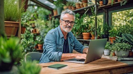 Generative AI, a mature guy working outside in a garden, and a home office conceptの素材