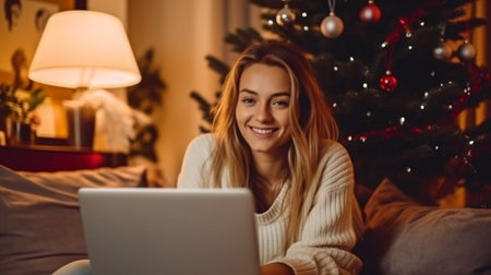 Generative AI, Young Woman at Home on a Couch at Christmasの素材