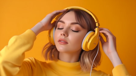 lucid girl using phone for music. phone carrying music artist. feminine with headphones Generative AI, music listeningの素材