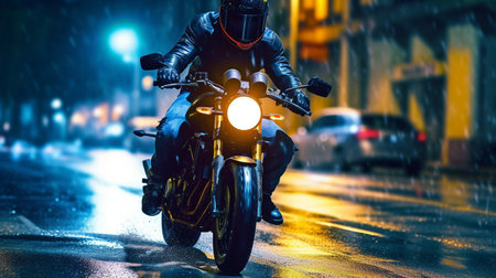 Generative AI, a motorbike rider in the city at nightの素材