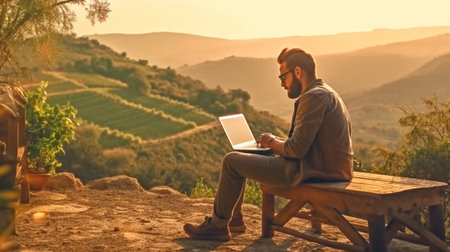Generative AI is used by a freelancer working outside on a laptop.の素材