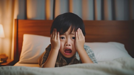 Asian boy child sobbing while sitting on bed when parents argue or fight at home. Generative AI shows a child hiding their face and eyes because they don't want to watch the brutality.の素材