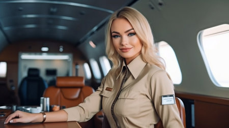 In a private jet, a stunning waitress in uniform is seated at a table using Generative AI.の素材