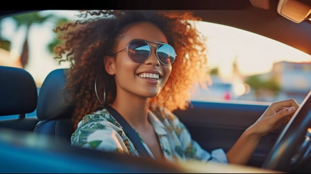 Generative AI, a joyful lady operating a car with a digital dashboard and switching to autopilot while operating a cabrioletの素材