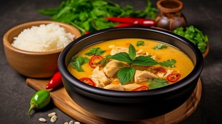 Generative AI soup bowl with chicken, rice, and veggiesの素材