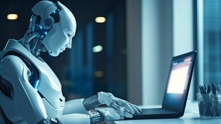 Generative AI, a future idea, a humanoid robot, and artificial intelligence at his computerの素材