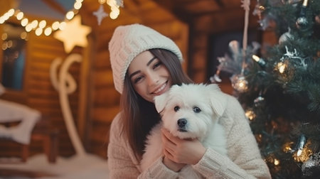 At a rural house's holiday-decorated backyard, a young woman and her adorable white puppy employ Generative AI.の素材