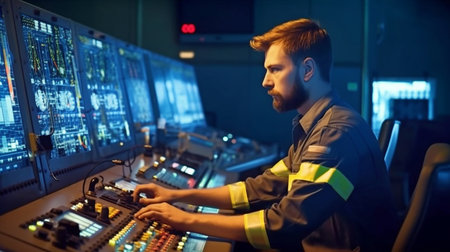 Generative AI is used by an industrial worker in the control room.の素材