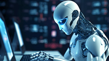 Generative AI, a future idea, a humanoid robot, and artificial intelligence at his computerの素材