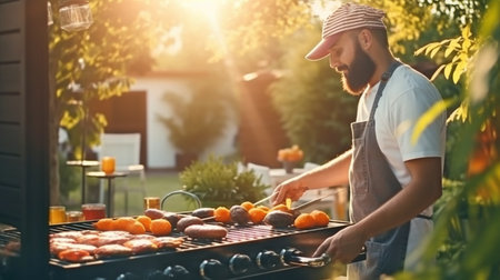 Grilling hamburgers in the backyard while wearing a hat and an apron. Generative AI, outdoor cooking, and the American way of lifeの素材
