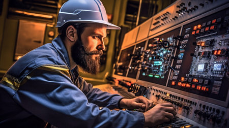 Generative AI is used by an industrial worker in the control room.の素材