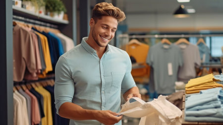 Generative AI is used to select a new shirt by a handsome young man wearing casual clothing.の素材