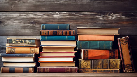 Generative AI with a group of books on a background of wooden planksの素材