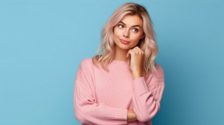 Generative AI image of a contemplative woman wearing a pink cardigan and posing with her thumb up against a blue backdropの素材
