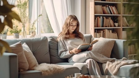 Generative AI with a young woman reading in the living roomの素材