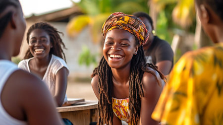 happy girl grinning and telling the group about her experience, The Generative AIの素材