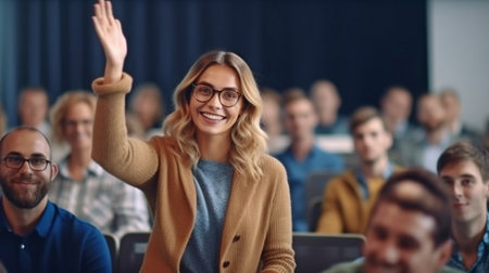 those who have inquiries. In front of the audience during a personal workshop, a happy, passionate speaker smiles as she counts the audience members who raise their hands. The Generative AIの素材