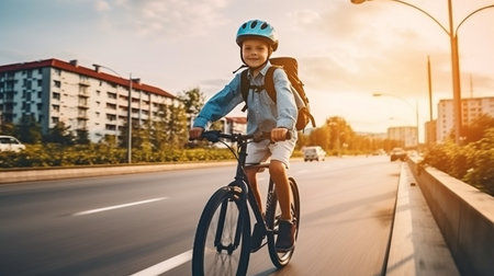 Generative AI schoolboy riding a bike while wearing a safety helmet and carrying a rucksackの素材